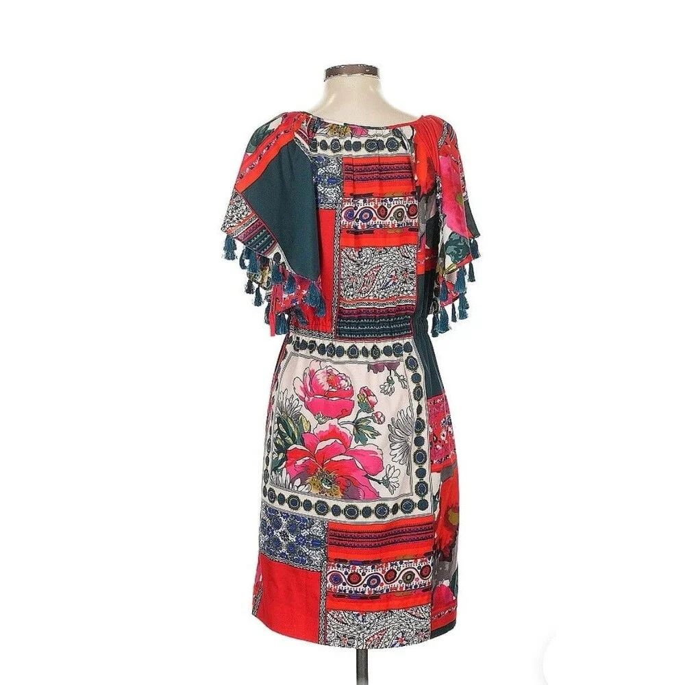 Anthropologie Vanessa Virginia Persian Rose Dress Tassels Red Navy White Small - Picture 2 of 14